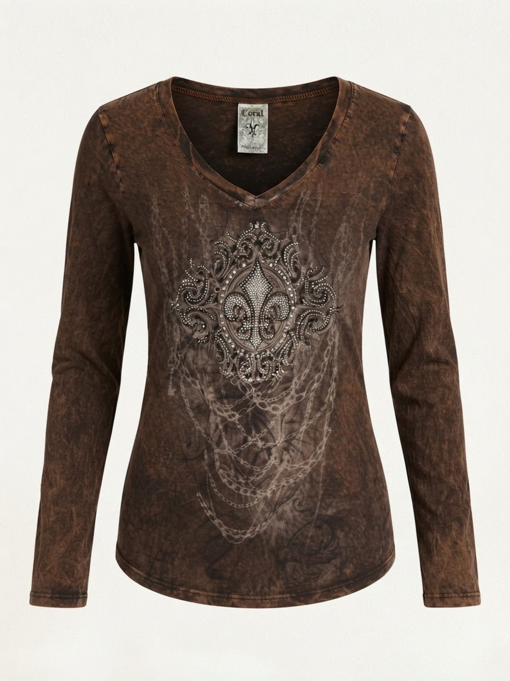 Vocal Y2K Grunge Brown Mineral Wash Rhinestone Fleur De Lis Long Sleeve Top XL